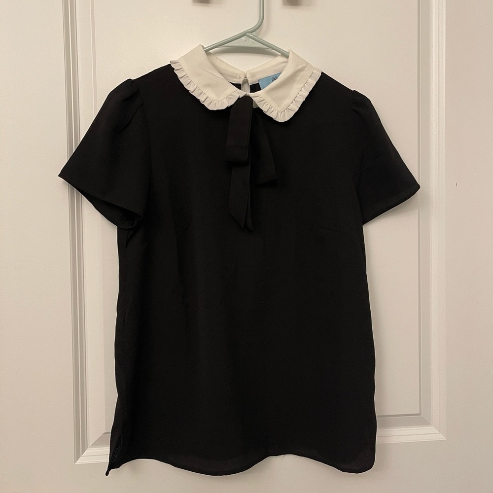 Black blouse with white Peter Pan collar, size Small